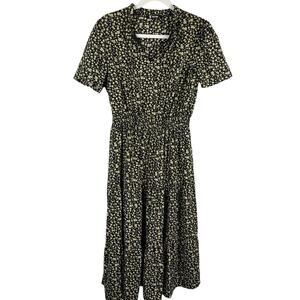 BTFBM Bohemian Black & Yellow Floral Smocked Waist Tiered Maxi Dress Size Medium